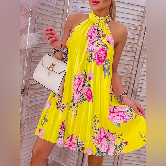 Elegant Yellow and Pink Floral Pleated Dress, NWOT - Picture 1 of 3